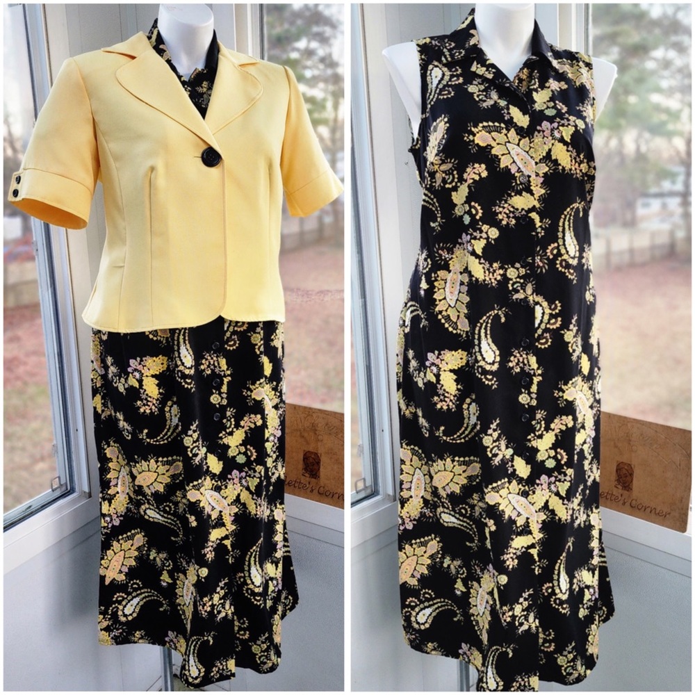 Studio 1 Black Yellow Paisley Sleeveless Dress & Short Sleeve Jacket 2 Piece Set - Picture 1 of 16